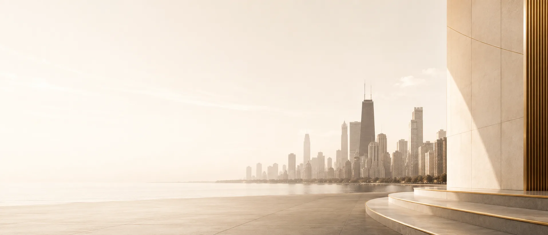 Warm-toned Chicago skyline beside a gold-trimmed building