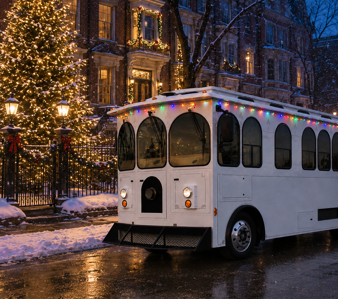 White trolley strung with colorful holiday lights on a snowy Chicago street at dusk