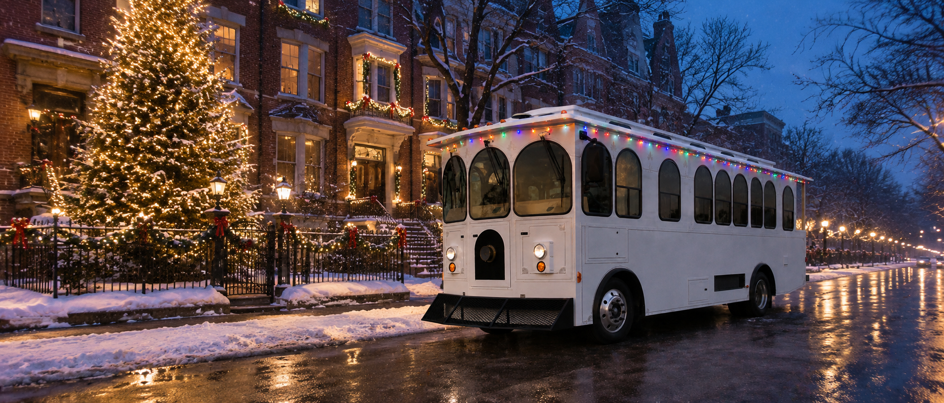 White trolley strung with colorful holiday lights on a snowy Chicago street at dusk