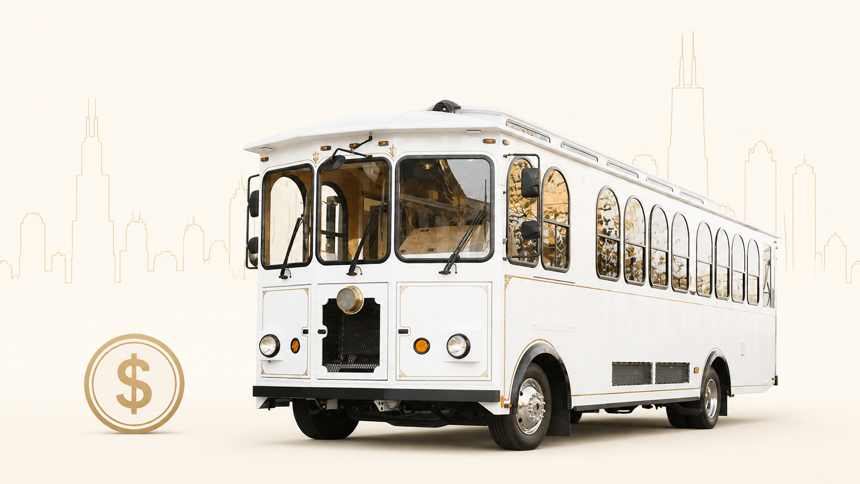 White Chicago trolley beside a gold dollar coin against a skyline outline