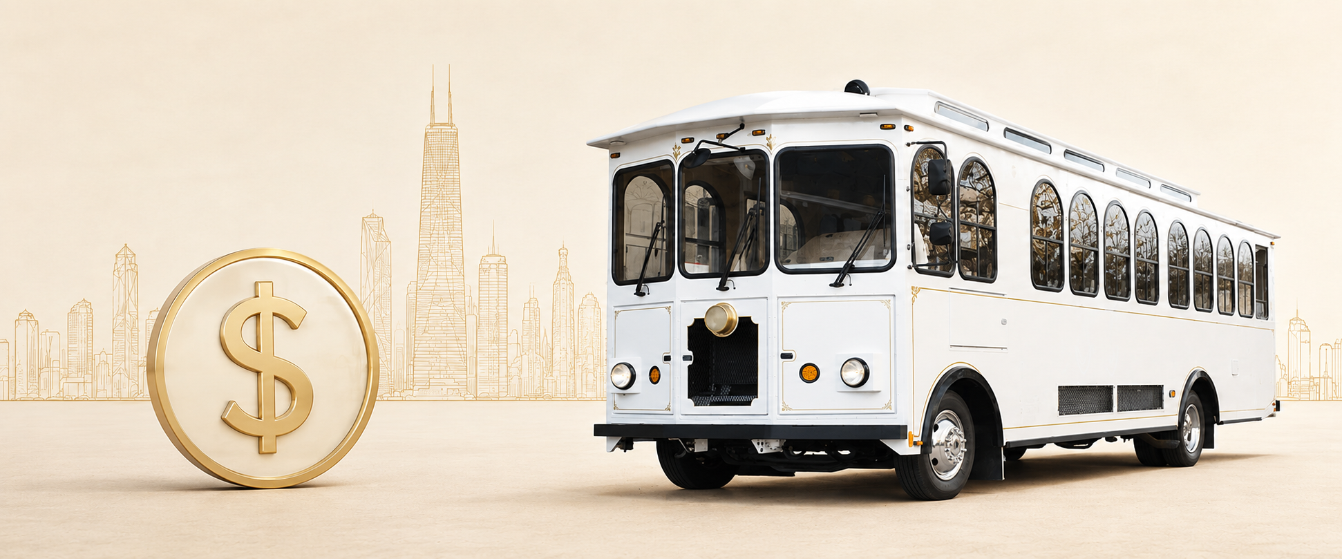 White Chicago trolley beside a gold dollar coin against a skyline outline