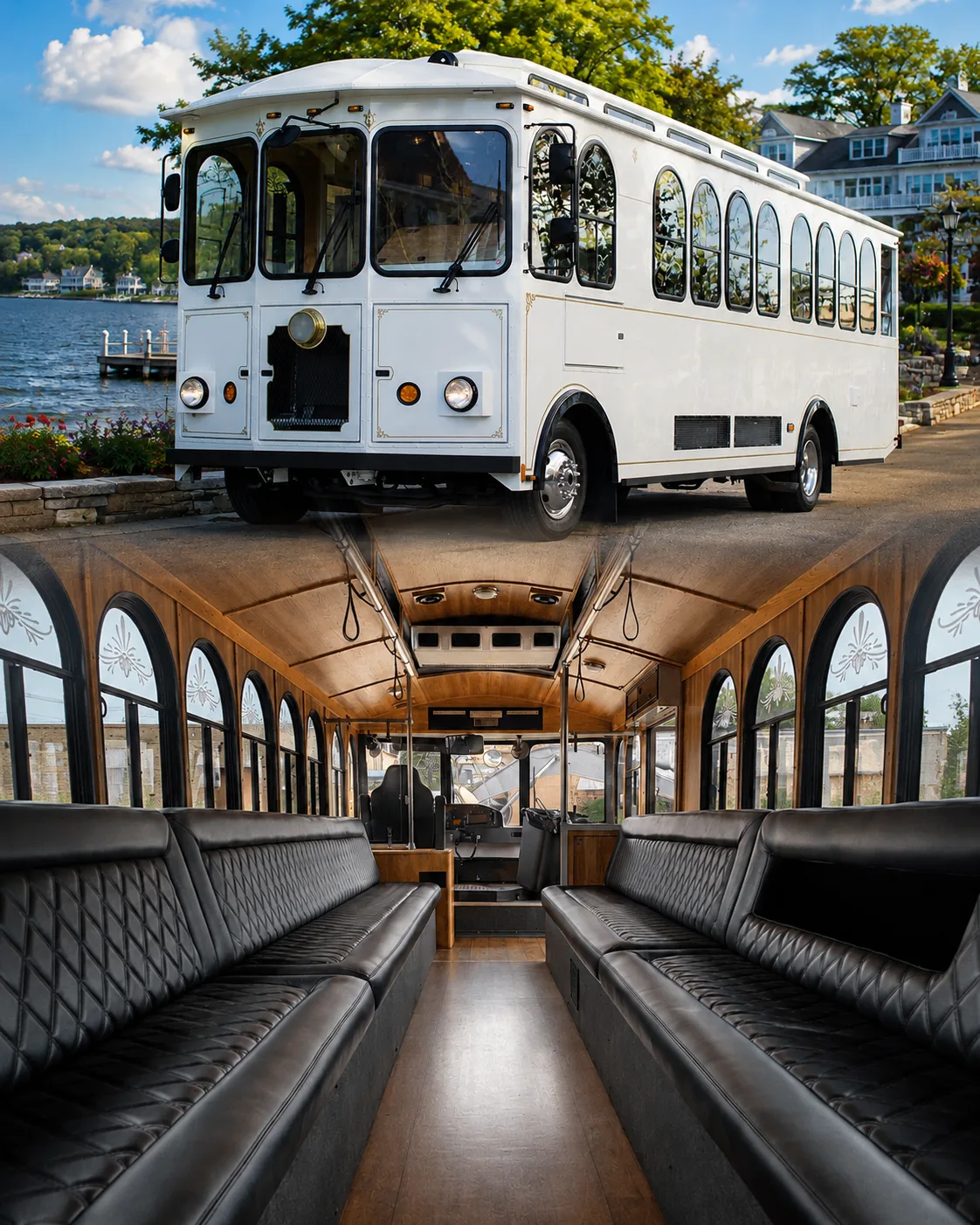 White trolley beside the lake and its wood-trimmed passenger cabin