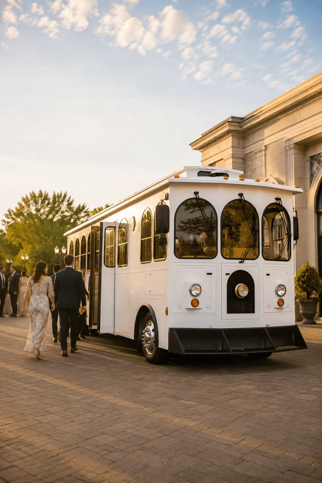 Guests traveling by private trolley for a Chicago event