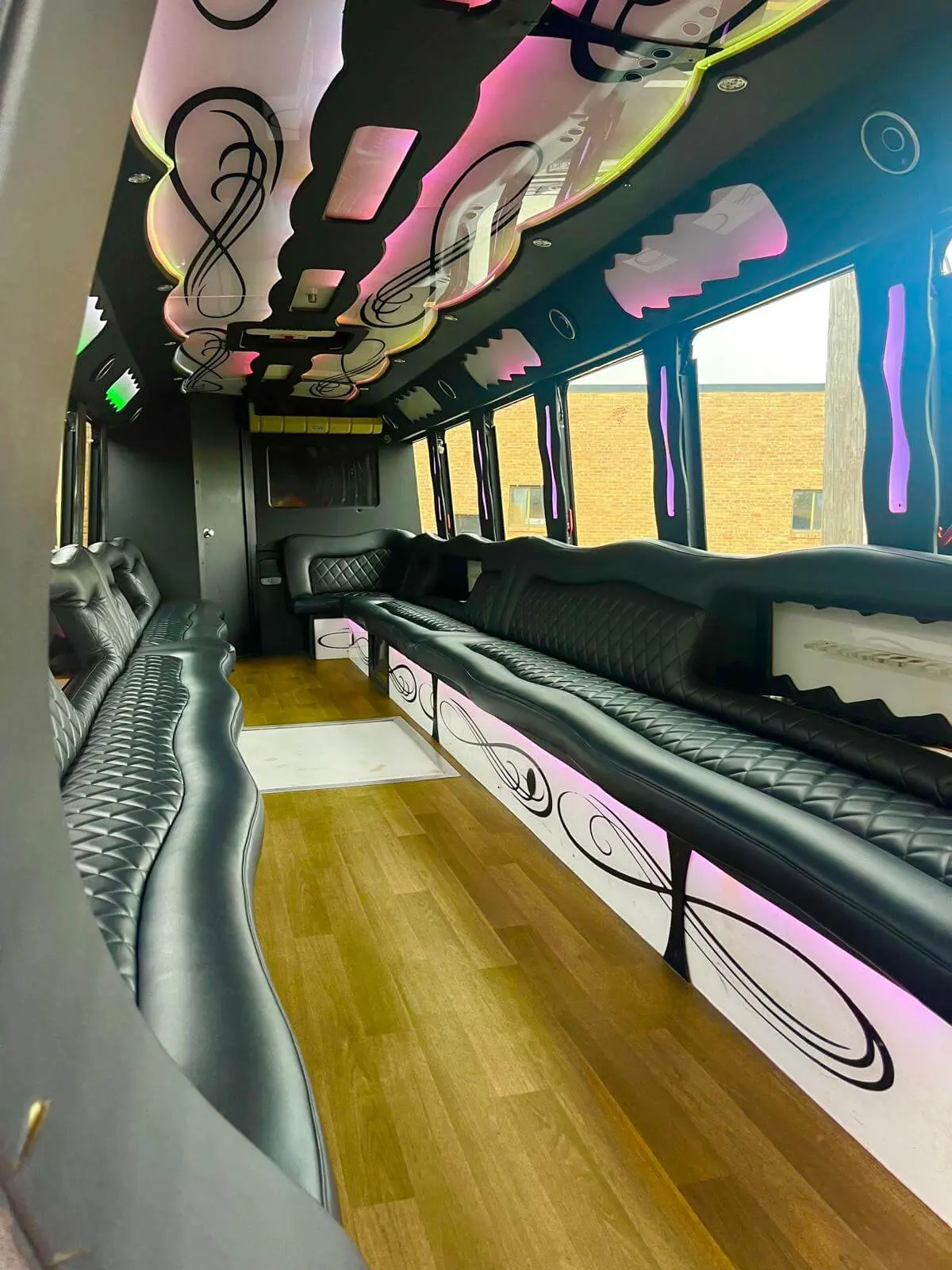 Interior seating aboard the party bus