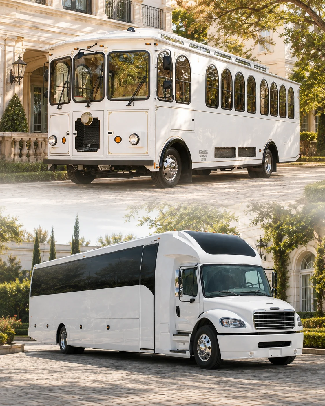 White trolley and white coach bus parked together at a wedding venue