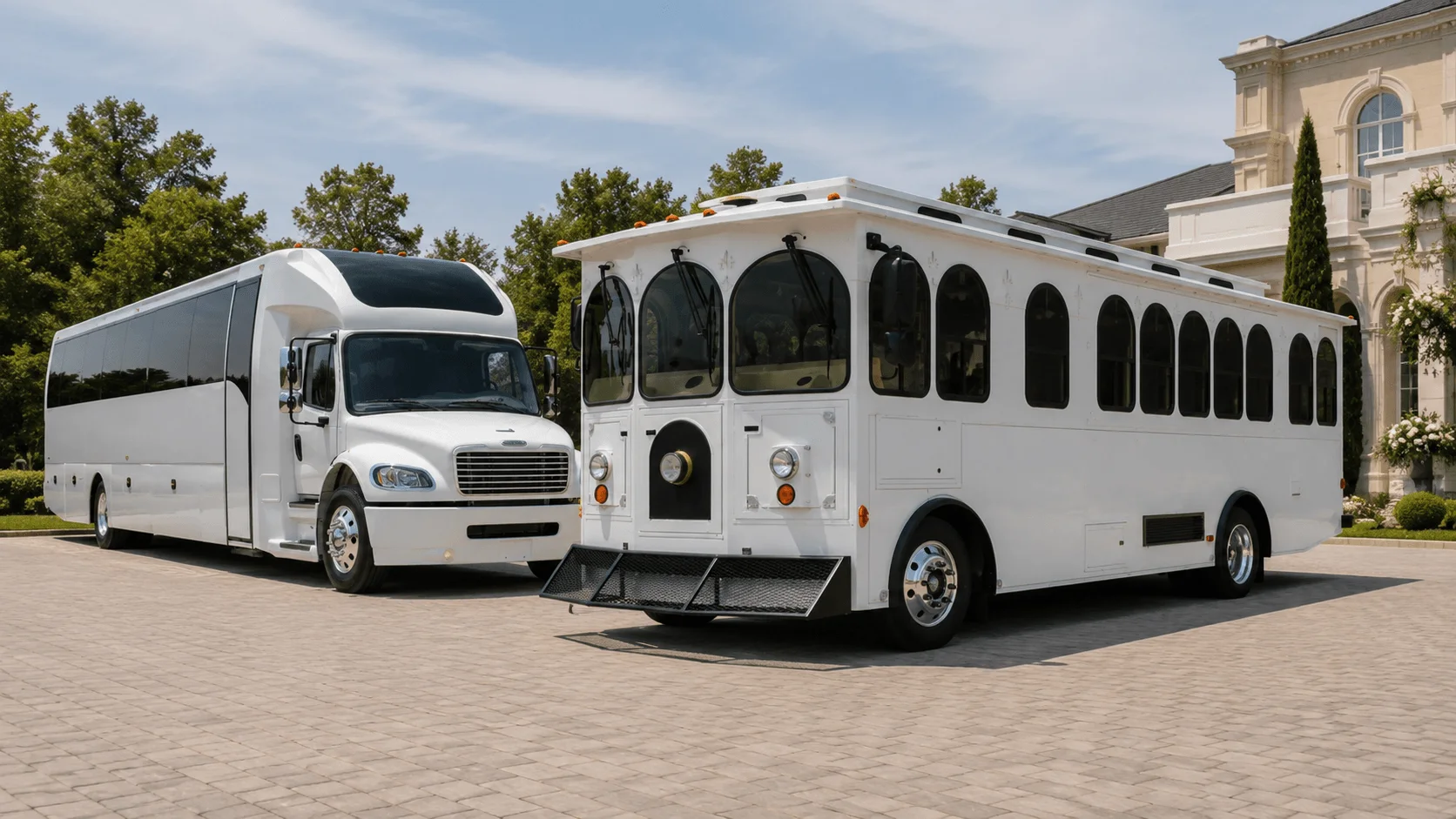 White trolley and white coach bus parked together at a wedding venue