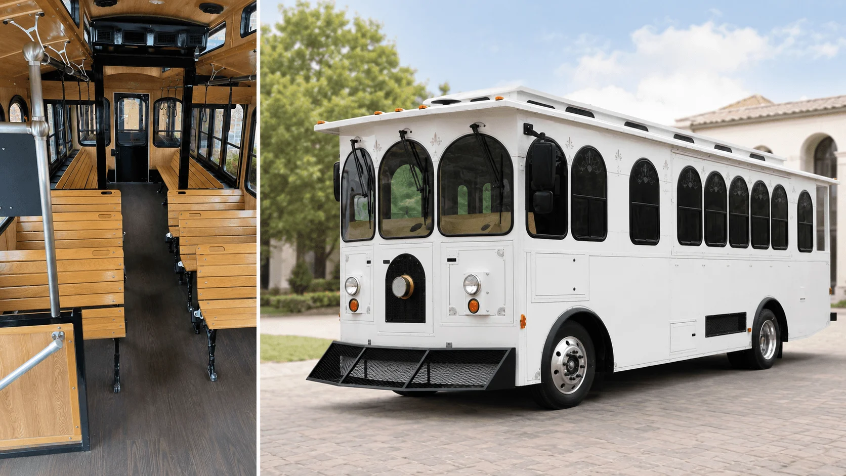 Interior seating and exterior view of the classic white trolley