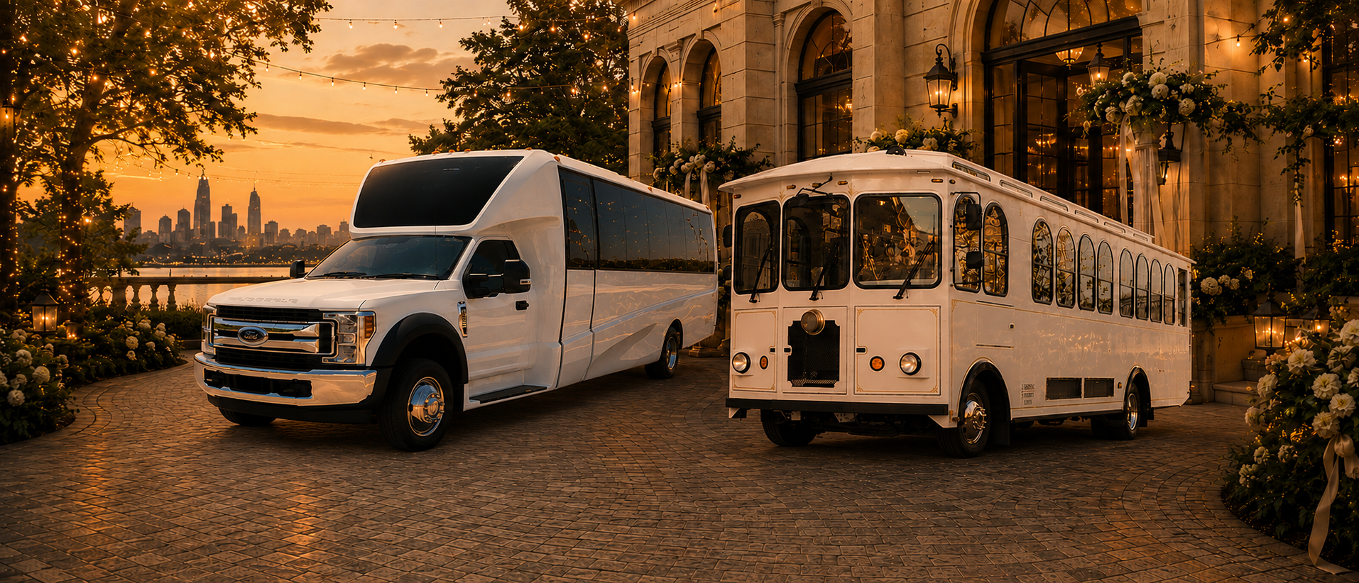 White wedding trolley and party bus parked side by side at a Chicago venue at sunset