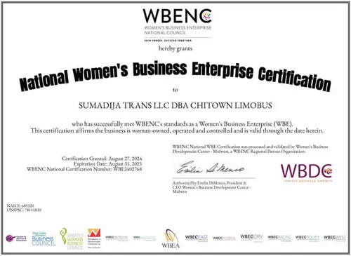 WBENC National Women's Business Enterprise Certification for Sumadija Trans LLC doing business as ChiTown Limobus