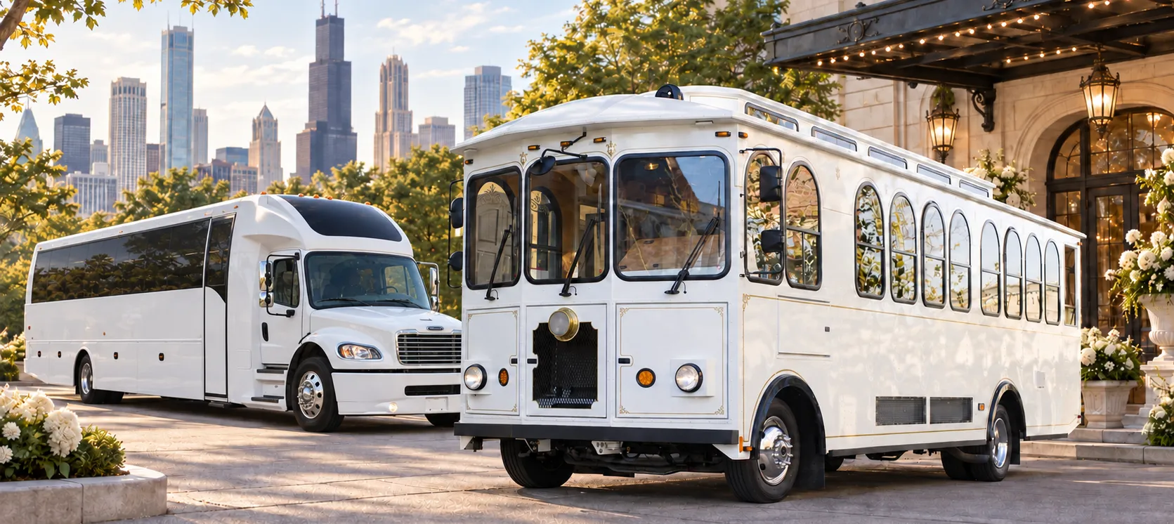 White trolley and white coach bus parked outside a Chicago wedding venue